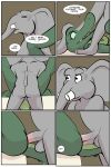  2018 alligator angie_(study_partners) animal_genitalia anthro areola balls breasts butt comic crocodilian duo elephant english_text eyes_closed fangs female green_eyes male male/female mammal nipples non-mammal_breasts nude open_mouth penetration penis prehensile_penis ragdoll_(study_partners) reptile scalie sex speech_bubble study_partners teeth text thunderouserections trunk tusks young 
