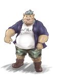  2018 anthro belly blush boar clothing english_text gouryou male mammal mohawk overweight overweight_male porcine shirt shorts solo take_tsugu_roh text tokyo_afterschool_summoners tusks 
