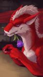  ambiguous_form ambiguous_gender blue_eyes claws dragon flower_in_mouth fur furred_dragon inner_ear_fluff looking_at_viewer red_fur rose_in_mouth sex_gesture slash0x smile suggestive suggestive_gesture teeth tongue tongue_out white_fur white_mane wings 