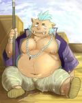  2017 anthro belly boar clothed clothing gouryou humanoid_hands isuckusuck male mammal mohawk moobs navel nipples open_shirt overweight overweight_male pants porcine shirt sitting solo tokyo_afterschool_summoners tusks wet 