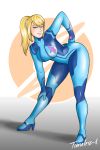  blonde_hair blue_bodysuit blue_eyes bodysuit breasts commentary full_body high_ponytail highres hips impossible_bodysuit impossible_clothes large_breasts long_hair looking_at_viewer metroid mole nintendo ponytail samus_aran skin_tight smile solo symbol thick_thighs thighs timeless-t tumblr zero_suit 