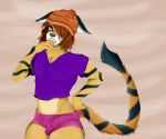 anthro beanie black_nose black_stripes bulge clothed clothing coffeewithdicks crossgender digital_media_(artwork) erection erection_under_clothes feline front_view girly hat looking_at_viewer male mammal solo standing stripes teeth tiger 