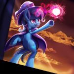  2018 aquamarine_(gem) blue_hair camyllea cape clothing cloud cutie_mark equine eyelashes female feral friendship_is_magic glowing_horn hair hat hi_res hooves horn magic mammal mostly_nude my_little_pony open_mouth open_smile outside purple_eyes sky smile solo stage standing star teeth tongue trixie_(mlp) unicorn 