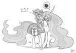  2013 angry bag bridle cowboy_hat cutie_mark duo english_text equine female feral friendship_is_magic greyscale hair hat horn king-kakapo long_hair mammal monochrome my_little_pony princess princess_celestia_(mlp) riding royalty saddle text twilight_sparkle_(mlp) unicorn 