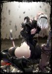  ass back_cutout black_dress black_gloves black_legwear blindfold blurry boots broken broken_weapon commentary_request depth_of_field dress feather-trimmed_sleeves gloves hands_together head_back high_heel_boots high_heels highres huge_weapon leotard_under_clothes nier_(series) nier_automata pale_skin praying short_hair silver_hair sitting solo sword thigh_boots thighhighs torn_clothes torn_dress wariza weapon yorha_no._2_type_b zunta 