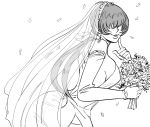  bb_(baalbuddy) bouquet breasts bridal_veil bride dress earrings elbow_gloves finger_to_cheek flower gloves hair_over_eyes highres jewelry large_breasts long_hair low_ponytail petals shermie side_slit sideboob sketch solo split_ponytail strapless strapless_dress the_king_of_fighters veil wedding_dress 