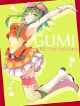  ;d akiyoshi_(tama-pete) anniversary armpits arms_up bangs bare_arms bare_shoulders belt blush boots character_name fingernails frame frilled_skirt frills full_body goggles goggles_on_head green_background green_eyes green_hair green_nails grin gumi happy jumping leg_garter looking_at_viewer nail_polish number one_eye_closed open_mouth red_background shirt short_hair short_hair_with_long_locks simple_background skirt sleeveless sleeveless_shirt smile solo teeth thighs two-tone_background v vocaloid white_footwear wrist_cuffs 