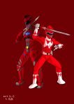  absurdres armor bodysuit fighting_stance gloves helmet highres holding holding_sword holding_weapon jason_lee_scott kyouken_katou kyouryuu_sentai_zyuranger mighty_morphin_power_rangers multiple_boys muscle pose power_armor power_rangers power_rangers_(movie) red_background red_bodysuit red_ranger spandex super_sentai sword tokusatsu tyrannoranger weapon yamato_zoku_prince_geki 