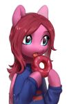  2018 aphphphphp blue_eyes clothed clothing cute doughnut eating equine eyebrows eyelashes fan_character feathered_wings feathers female feral food hair hi_res holding_food holding_object hooves long_hair mammal my_little_pony open_mouth pegasus pink_feathers pink_hair portrait seraphic_crimson simple_background solo sweater tongue tongue_out white_background wings 