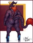  backsack balls big_butt butt clothed clothing crossdressing feline footwear hair high_heels horn male mammal monster_hunter_world muscular muscular_male shoes simple_background sligarthetiger solo teostra thick_thighs 