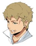  blonde_hair collared_shirt commentary_request copyright_request enami_katsumi fang green_eyes grin highres male_focus popped_collar scar shirt simple_background smile solo white_background white_shirt 