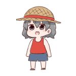  :d alternate_costume bare_arms bare_shoulders batta_(ijigen_debris) blue_shorts blush chibi commentary grey_eyes grey_hair kaban_(kemono_friends) kemono_friends looking_at_viewer open_mouth red_shirt round_teeth sandals shirt shorts simple_background sleeveless sleeveless_shirt smile solo standing teeth white_background 