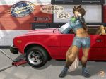 anthro boots brown_fur bulge canine clothing dialogue dipstick_tail english_text footwear fox fur girly male mammal multicolored_tail shorts solo text tools vehicle white_fur wrench zorro_re 