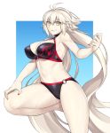  ahoge bangs bikini black_bikini blue_background bnc_(bunshi) border breasts choker cleavage collarbone commentary_request fate/grand_order fate_(series) gradient gradient_background grin hair_between_eyes hips jeanne_d'arc_(alter_swimsuit_berserker) jeanne_d'arc_(fate)_(all) large_breasts leg_up long_hair looking_at_viewer nail_polish navel o-ring o-ring_bikini red_nails silver_hair smile solo swimsuit thighs very_long_hair white_border yellow_eyes 