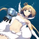 air_bubble bare_shoulders beltbra blonde_hair blue_background blue_eyes bra breasts bubble cleavage commentary_request elbow_gloves eyebrows_visible_through_hair gauntlets gloves highres long_hair looking_at_viewer medium_breasts navel original parted_lips single_gauntlet skirt solo touyama_eight underwater underwear very_long_hair white_bra white_gloves white_skirt 