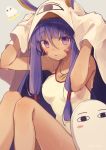  &lt;o&gt;_&lt;o&gt; bare_legs bare_shoulders blanket blush breasts commentary_request competition_swimsuit eyebrows_visible_through_hair fate/grand_order fate_(series) grey_background hair_between_eyes hair_tubes hands_up jewelry legs_up long_hair medium_breasts medjed necklace nitocris_(fate/grand_order) one-piece_swimsuit oshio_(dayo) parted_lips purple_eyes purple_hair simple_background solo swimsuit wet white_swimsuit 