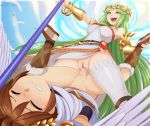  1girl amazon_position ankle_grab artist_name assertive bare_shoulders blush censored closed_eyes colored_pubic_hair dress drooling feathers foreshortening girl_on_top glowing glowing_eyes grabbing green_eyes green_hair groin halo heart heart-shaped_pupils hetero highres kid_icarus kid_icarus_uprising long_hair looking_at_another looking_down lying merunyaa mosaic_censoring no_panties nose_blush on_back open_mouth palutena parted_lips patreon_username penis pit_(kid_icarus) pubic_hair pussy sex sidelocks sleeveless sleeveless_dress smile spread_legs symbol-shaped_pupils thighhighs tiara twitter_username vaginal very_long_hair watermark 