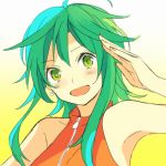  :d akiyoshi_(tama-pete) antenna_hair arm_up armpits bare_arms bare_shoulders blush close-up earrings eyebrows_visible_through_hair fingernails gradient gradient_background green_eyes green_hair gumi happy heart heart_earrings jewelry lowres nail_polish open_mouth orange_nails orange_shirt salute shirt short_hair short_hair_with_long_locks simple_background sleeveless sleeveless_shirt smile solo upper_body vocaloid white_background white_earrings yellow_background zipper 