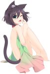  animal_ear_fluff animal_ears bangs barefoot blush brown_hair cat_ears cat_girl cat_tail commentary_request eyebrows_visible_through_hair fang full_body green_eyes hair_between_eyes hair_tie hand_to_own_mouth hands_up highres nude one_eye_closed open_mouth original red_collar shirasu_youichi simple_background sitting solo tail tail_raised tears two_side_up white_background yawning 