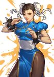  absurdres blue_dress bracelet breasts brown_eyes brown_hair brown_legwear bun_cover china_dress chinese_clothes chun-li commentary_request double_bun dress eyeshadow fighting_stance highres jewelry makeup pantyhose pelvic_curtain puffy_short_sleeves puffy_sleeves sash short_sleeves side_slit spiked_bracelet spikes street_fighter yus 