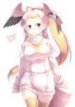  absurdres bird_tail bird_wings blonde_hair blush bow commentary cowboy_shot dress forehead great_white_pelican_(kemono_friends) hair_bow hair_intakes head_wings highres kanzakietc kemono_friends long_hair long_sleeves looking_at_viewer multicolored_hair pink_hair ponytail red_eyes red_hair sleeves_past_wrists solo sweater sweater_dress thighhighs turtleneck turtleneck_sweater very_long_hair white_hair wings yellow_legwear zettai_ryouiki 