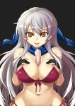  bikini black_background black_gloves breasts cleavage eyebrows_visible_through_hair fire_emblem fire_emblem:_akatsuki_no_megami fire_emblem:_souen_no_kiseki gloves groin hair_between_eyes hair_ribbon hands_on_own_chest highres kaorihero large_breasts long_hair looking_at_viewer micaiah navel red_bikini ribbon scarf side-tie_bikini silver_hair simple_background solo suggestive_fluid swimsuit tongue tongue_out tupet yellow_eyes 