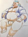  2017 anthro belly blush boar clothed clothing exe_exem gouryou humanoid_hands male mammal mohawk moobs navel nipples open_shirt overweight overweight_male pants porcine shirt sitting solo tokyo_afterschool_summoners tusks 