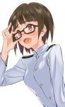  adjusting_eyewear blush brown_eyes brown_hair buttons commentary_request glasses homare_(homaredai) military military_uniform open_mouth sakomizu_haruka simple_background solo uniform upper_body white_background world_witches_series 