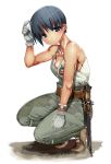  1girl absurdres bayonet black_eyes black_hair blush gloves highres imperial_japanese_army load_bearing_equipment looking_at_viewer military original pouch samazuka_mashiro sheath sheathed short_hair solo squatting sweat tank_top watch white_background white_gloves wristwatch 