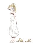  aqua_eyes ass barefoot belt belt_removed blonde_hair blue_eyes breasts chrono_trigger commentary_request high_heels high_ponytail jewelry long_hair marle necklace ponytail s-a-murai sandals sandals_removed smile solo 