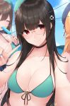  adapted_costume arm_up atago_(kantai_collection) bangs bare_arms bare_shoulders beret bikini black_hair blonde_hair blue_hat blue_nails blunt_bangs breasts brow brown_hair choker choukai_(kantai_collection) closed_mouth commentary_request eyebrows_visible_through_hair front-tie_bikini front-tie_top glasses green_bikini hat headgear highres kantai_collection long_hair looking_at_viewer maya_(kantai_collection) medium_breasts multiple_girls nail_polish peaked_cap red_eyes remodel_(kantai_collection) rimless_eyewear scrunchie short_hair smile solo_focus straight_hair swimsuit upper_body v very_long_hair wrist_scrunchie yukichi_(sukiyaki39) 
