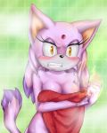  amortem-kun angry anthro blaze_the_cat blush breasts cat convenient_censorship eyelashes feline female fire fog hair mammal nude solo sonic_(series) towel wet 