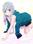  all_fours aqua_jacket barefoot blue_eyes blush bow breasts collarbone eromanga_sensei eyebrows_visible_through_hair full_body hair_bow highres izumi_sagiri jacket long_hair naked_coat open_mouth pink_bow pink_x shiny shiny_hair silver_hair small_breasts solo white_background 