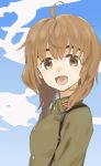  ahoge brown_eyes brown_hair buttons cloud commentary_request homare_(homaredai) inufusa_yuno looking_at_viewer military military_uniform open_mouth short_hair smile solo uniform upper_body world_witches_series 