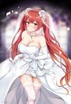  3: azur_lane bangs bare_shoulders blurry blurry_background blush bow breasts bridal_veil bride cleavage closed_mouth collarbone commentary depth_of_field dress elbow_gloves eyebrows_visible_through_hair flower garter_straps gloves hair_flower hair_ornament highres honolulu_(azur_lane) jewelry kaetzchen large_breasts long_hair looking_at_viewer necklace pearl_necklace petals red_eyes red_hair revision rose see-through signature skirt_hold solo strapless strapless_dress thighhighs thighs twintails veil very_long_hair wedding wedding_dress white_bow white_dress white_flower white_gloves white_legwear white_rose 