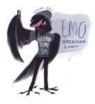  2018 4_toes ambiguous_gender anisodactyl anthro avian beak beanie bedupolker biped bird black_beak black_claws black_clothing black_eyes black_feathers black_hair black_tail black_wings cellphone claws clothed clothing corvid crow digital_media_(artwork) digital_painting_(artwork) emo english_text eyelashes feathered_wings feathers frown full-length_portrait girly grey_clothing hair hair_over_eye hair_streak half-closed_eyes hat hi_res holding_object holding_phone humor jeans multicolored_hair my_chemical_romance pants phone pink_hair portrait pose selfie semi-anthro shirt short_hair simple_background solo species_name standing studs t-shirt tail_feathers talons text toe_claws toes toony two_tone_hair unimpressed white_background winged_arms wings yellow_sclera 