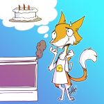  2018 anthro apron cake cheese_wedge chibi clothed clothing cooking digital_media_(artwork) digitigrade flink food fur green_eyes hi_res kitchen ladytisi male mammal multicolored_tail orange_fur sergal simple_background smile solo standing tagme tail_tuft tuft white_fur worried 