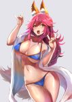  absurdres animal_ear_fluff animal_ears bangs bare_shoulders bikini blue_bikini blush breasts cleavage collarbone commentary_request fang fate/extra fate/grand_order fate_(series) fox_ears fox_shadow_puppet fox_tail fujitsubo_(hujitubo0731) hair_between_eyes hands_up highres hips large_breasts long_hair looking_at_viewer navel open_mouth pink_hair sidelocks simple_background smile solo swimsuit tail tamamo_(fate)_(all) tamamo_no_mae_(swimsuit_lancer)_(fate) thighs towel towel_around_neck yellow_eyes 