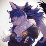  animal_ears blue_hair breasts dire_wolf_(kemono_friends) hair_over_eyes highres kemono_friends large_breasts long_hair looking_away multicolored_hair solo takami_masahiro two-tone_hair upper_body white_hair wolf_ears 