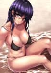  bikini blue_eyes collarbone covered_nipples din_(raiden) eyebrows_visible_through_hair from_above glasses long_hair looking_at_viewer looking_up navel original partially_submerged purple_hair sand sitting skindentation smile swimsuit water wet 