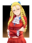  blonde_hair breasts crossed_arms drill_hair forehead frills hair_ribbon kanzuki_karin long_hair looking_at_viewer navel pleated_skirt ribbon shikuta_maru skirt smile solo street_fighter street_fighter_v yellow_eyes 