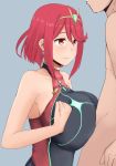  1girl bare_shoulders blush breasts earrings gem hair_ornament hetero homura_(xenoblade_2) huge_breasts jewelry nao_(ritsancrossover) one-piece_swimsuit paizuri paizuri_under_clothes red_eyes red_hair short_hair simple_background smile swimsuit tiara xenoblade_(series) xenoblade_2 