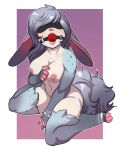  animal_humanoid ball_gag blindfold breasts female fur gag hair humanoid kneeling lagomorph lagomorph_humanoid lavenderpandy mammal nipples nude rabbit_humanoid solo 