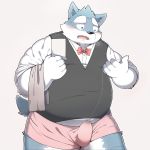  2017 belly blush bow_tie boxers_(clothing) bulge canine clothing dress_shirt erection erection_under_clothes looking_at_hand looking_at_self male mammal open_mouth overweight overweight_male park_(artist) precum precum_string shirt simple_background solo standing sweater_vest tenting underwear waiter 