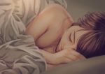  bed_sheet blurry blurry_foreground brown_hair closed_eyes depth_of_field eyelashes face kinoebi lips long_hair lying naked_sheet nude on_side original realistic sleeping solo under_covers 