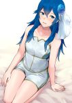  1girl a_meno0 arm_support barefoot bed_sheet blue_eyes blue_flower blue_hair blue_rose collarbone fire_emblem fire_emblem:_kakusei flower hair_between_eyes hair_flower hair_ornament kneeling long_hair lucina nintendo open_mouth rose shirt short_shorts shorts simple_background sleeveless sleeveless_shirt smile solo strapless_shirt very_long_hair white_background white_shirt white_shorts 