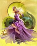  armpits bare_shoulders blonde_hair bracer breasts diadem dress elementalist_lux grey_eyes highres league_of_legends light_elementalist_lux luxanna_crownguard medium_breasts miniskirt raivis_draka signature skirt traditional_media wand white_dress white_footwear 