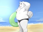  2018 anthro beach belly blush bulge canine clothing dog fur humanoid_hands kusunokisippo male mammal moobs navel overweight overweight_male seaside solo swimsuit water white_fur 