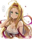  ahoge alternate_hairstyle bangs_pinned_back bare_shoulders blue_eyes blush breasts bustier cleavage closed_mouth commentary english_commentary fate/extra fate_(series) forehead green_eyes hair_down hair_intakes hand_in_hair hand_up headband highres large_breasts long_hair looking_at_viewer nero_claudius_(fate) nero_claudius_(fate)_(all) petals red_string rose_petals simple_background smile solo string tonee translated upper_body very_long_hair white_background 