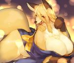  anthro big_breasts black_nose bow breasts brown_fur canine cleavage clothed clothing digital_media_(artwork) dipstick_tail fangs female fluffy fox fur hair huge_breasts japanese_clothing kimono kishibe long_hair looking_at_viewer lying mammal multicolored_fur multicolored_tail navel orange_fur purple_eyes smile solo thick_thighs tongue voluptuous white_fur 